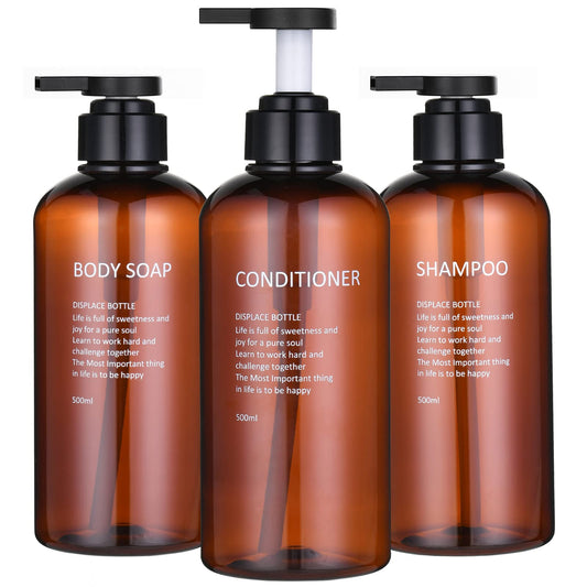 16.9 Oz Shampoo and Conditioner Dispenser with Black Plastic Pump, 3 Pack Shampoo Conditioner Body Wash Dispensers, Shower Soap Dispensers, Amber Plastic Refillable Shampoo and Conditioner Bottles